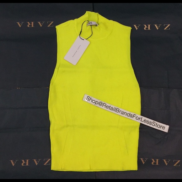 ZARA BANDAGE RIBBED KNIT NEON HIGHLIGHTER YELLOW HALTER HIGH NECK SLEEVELESS TOP - Picture 4 of 7
